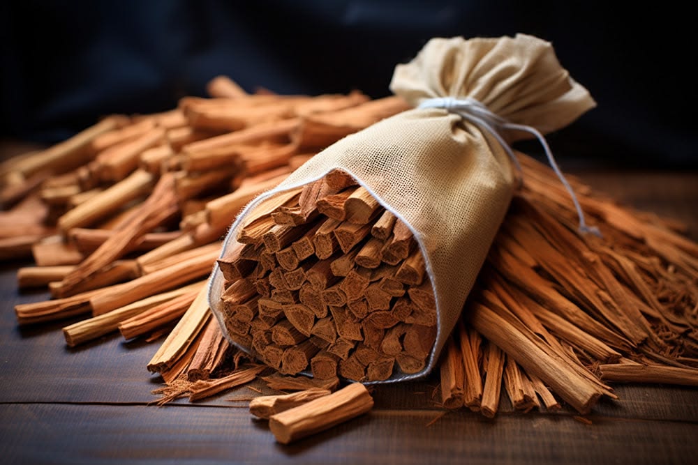 Stacked raw Indian sandalwood logs showing the aromatic inner heartwood.